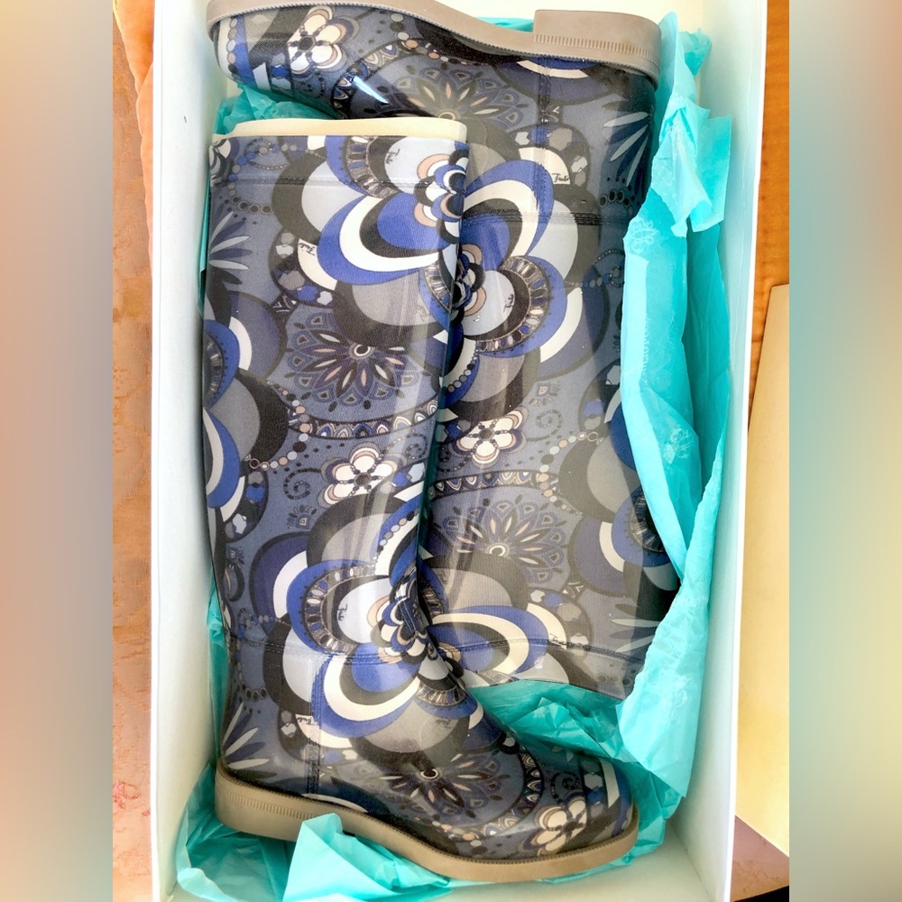 Emilio Pucci Designer Rain Boots Rubber Brand Signature ornament print sz 35 6”